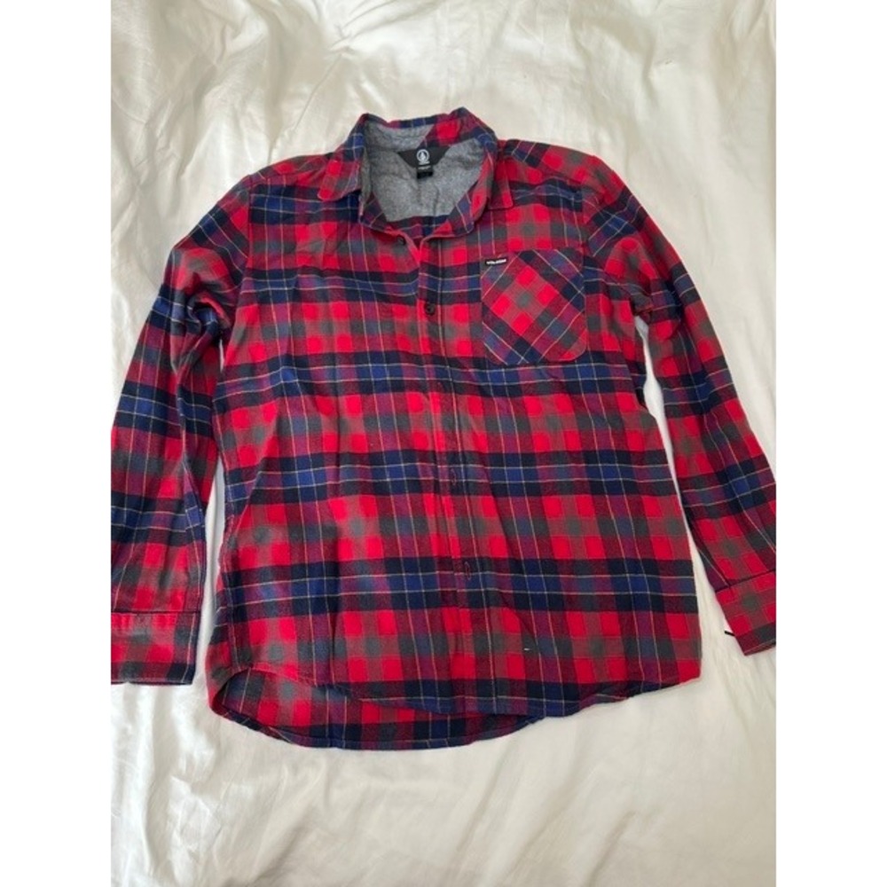 Volcom Flannel Button Up Shirt Boys L 12Y Red Navy Blue Excellent Plaid C0531804